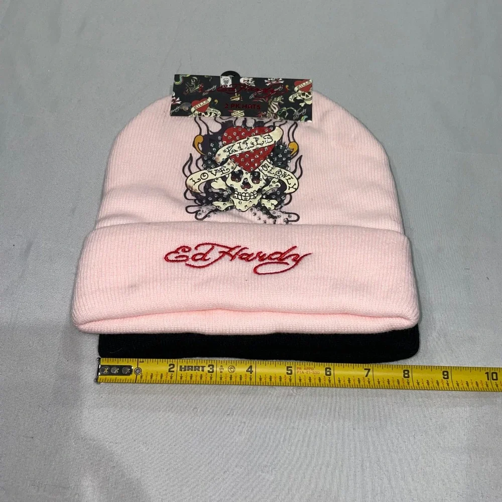 Ed Hardy 2 Pack Beanies Pink Love Kills Slowly Black Tiger Rhinestone Y2K Hat